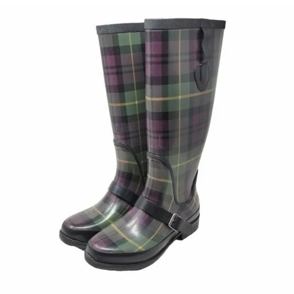 L.L. Bean Shoes - Ladies Size 7 LL Bean Wellies Rain boot tall black purple green checked boots